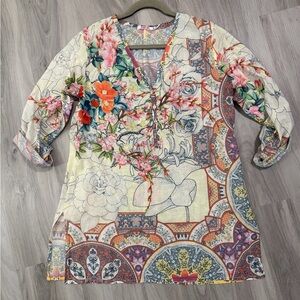 Johnny Was Cream Multicolor Floral Patchwork V-Neck Tunic